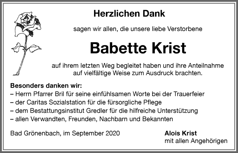 Traueranzeige von Babette Krist von Memminger Zeitung