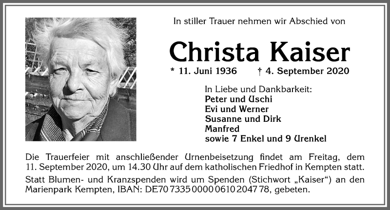 Traueranzeige von Christa Kaiser von Allgäuer Zeitung,Kempten