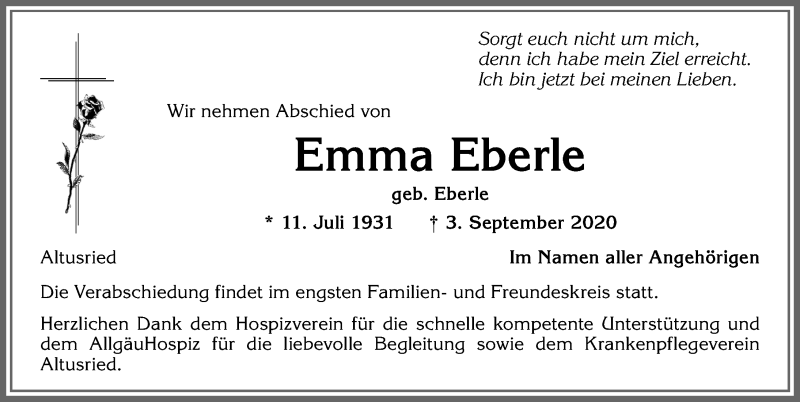 Traueranzeige von Emma Eberle von Allgäuer Zeitung,Kempten