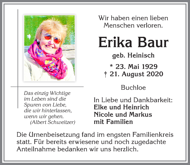 Traueranzeige von Erika Baur von Allgäuer Zeitung, Kaufbeuren/Buchloe