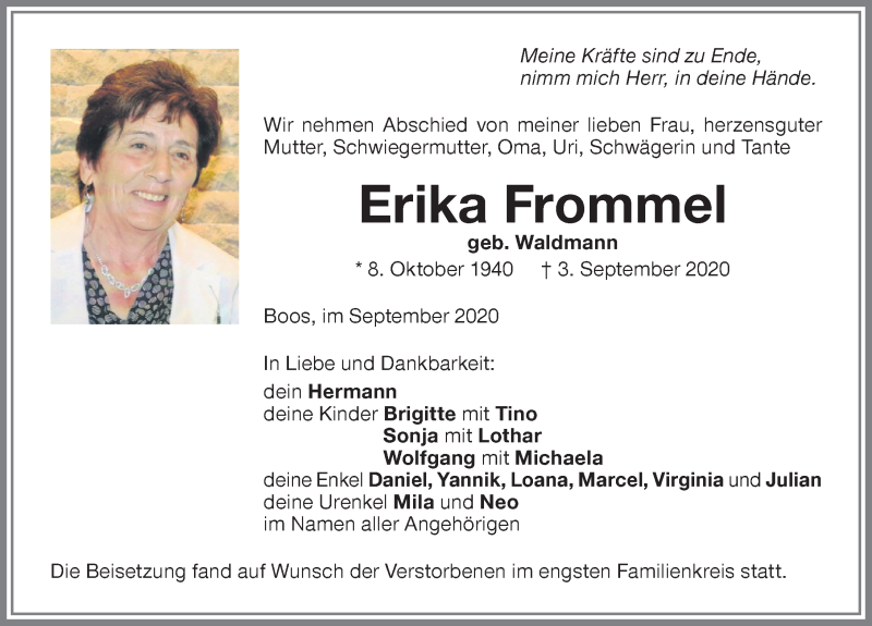 Traueranzeige von Erika Frommel von Memminger Zeitung