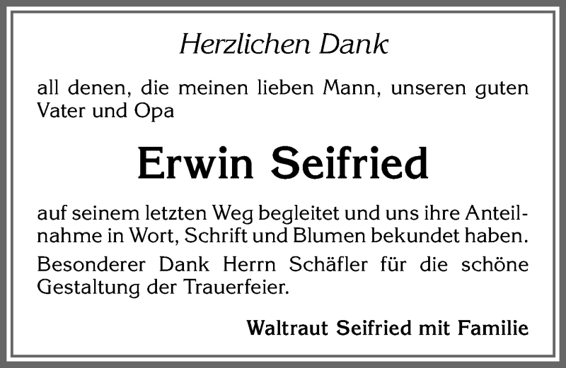 Traueranzeige von Erwin Seifried von Allgäuer Zeitung, Kaufbeuren/Buchloe