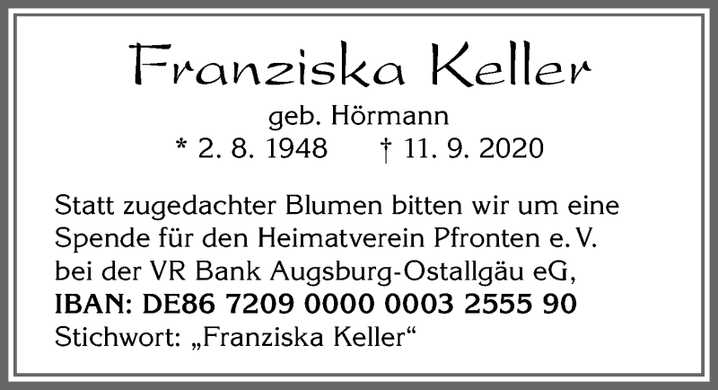 Traueranzeige von Franziska Keller von Allgäuer Zeitung, Füssen