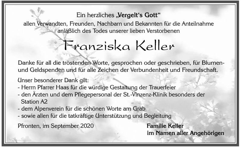 Traueranzeige von Franziska Keller von Allgäuer Zeitung, Füssen