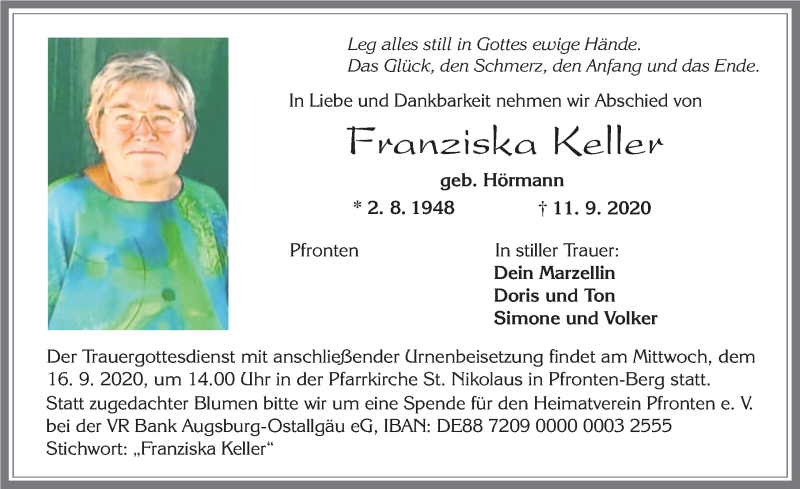 Traueranzeige von Franziska Keller von Allgäuer Zeitung, Füssen