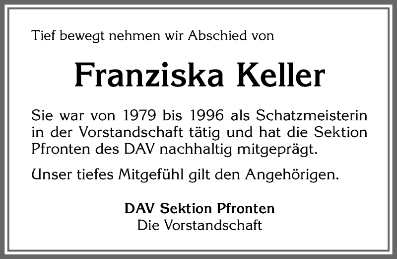 Traueranzeige von Franziska Keller von Allgäuer Zeitung, Füssen