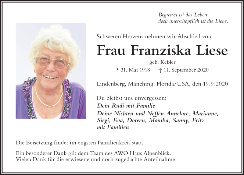 Traueranzeige von Franziska Liese von Der Westallgäuer