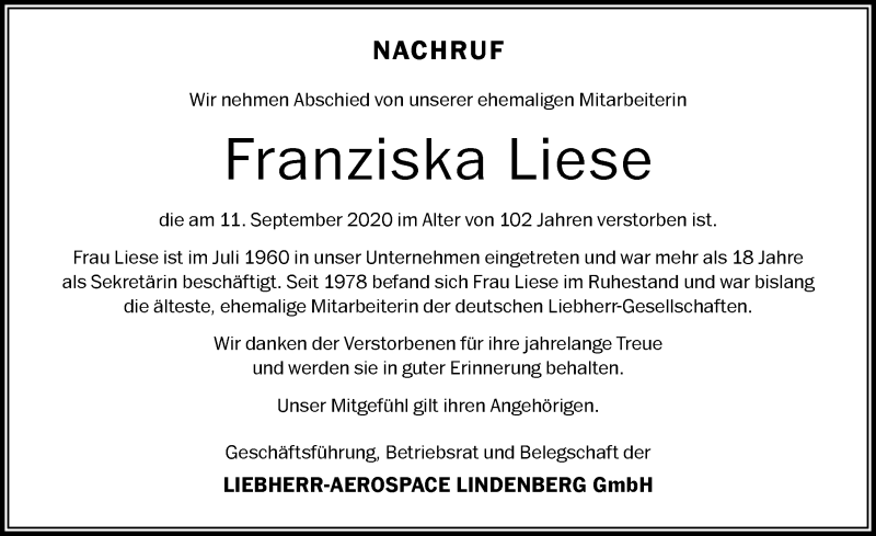 Traueranzeige von Franziska Liese von Der Westallgäuer