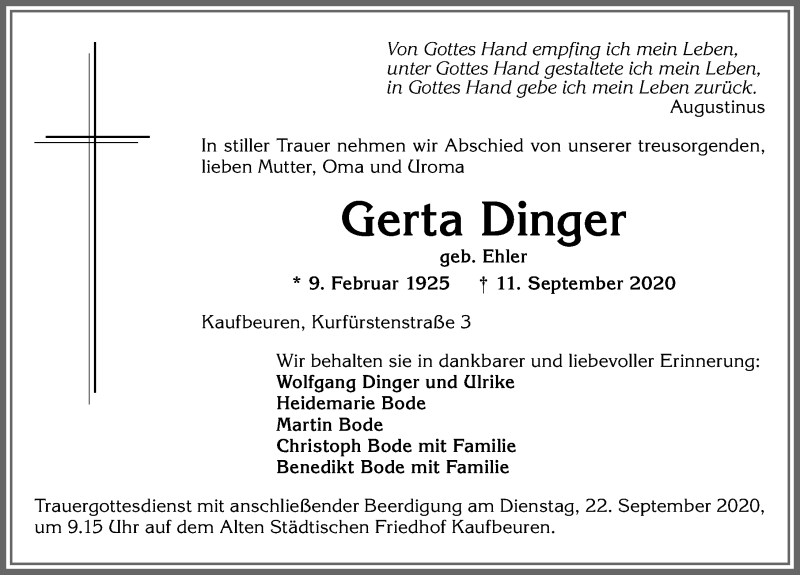 Traueranzeige von Gerta Dinger von Allgäuer Zeitung, Kaufbeuren/Buchloe