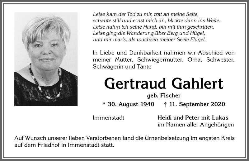 Traueranzeige von Gertraud Gahlert von Allgäuer Anzeigeblatt