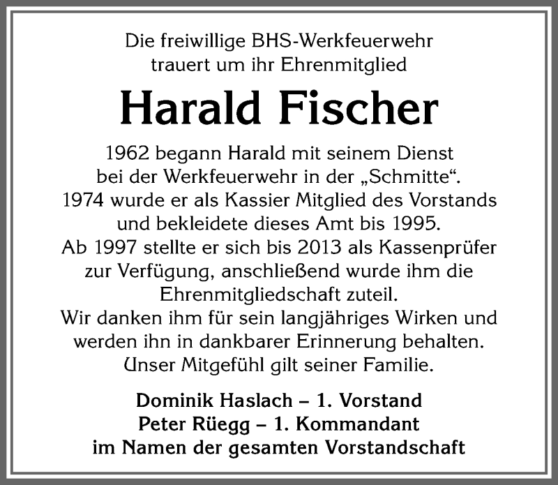 Traueranzeige von Harald Fischer von Allgäuer Anzeigeblatt