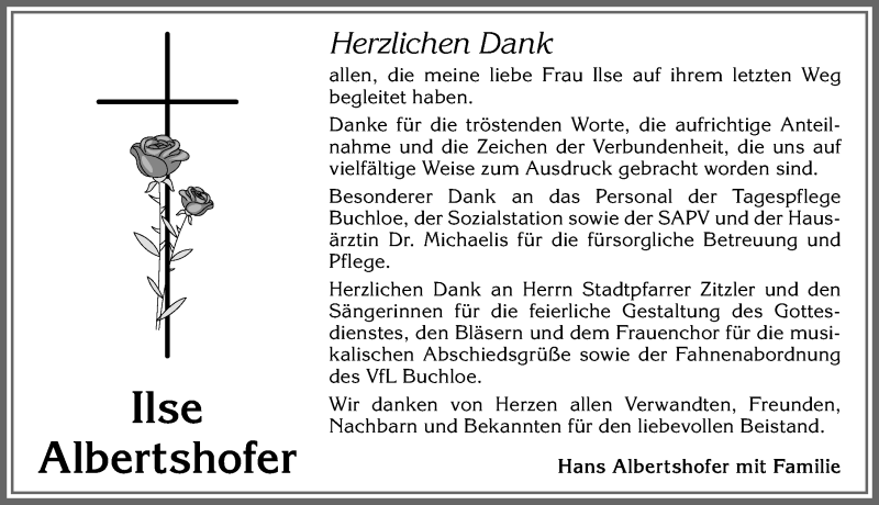 Traueranzeige von Ilse Albertshofer von Allgäuer Zeitung, Kaufbeuren/Buchloe