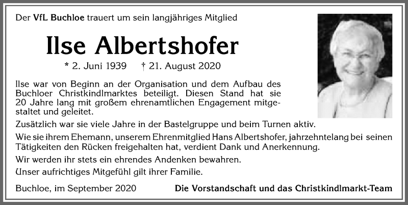 Traueranzeige von Ilse Albertshofer von Allgäuer Zeitung, Kaufbeuren/Buchloe