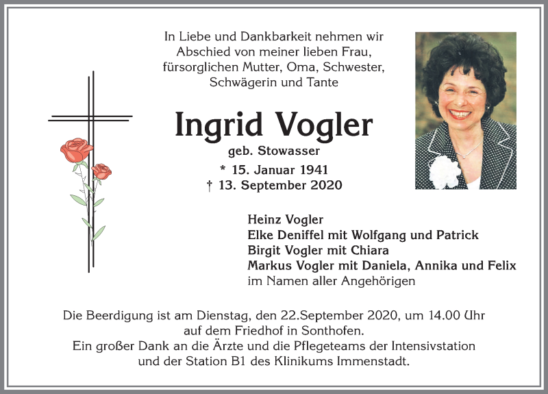 Traueranzeige von Ingrid Vogler von Allgäuer Anzeigeblatt