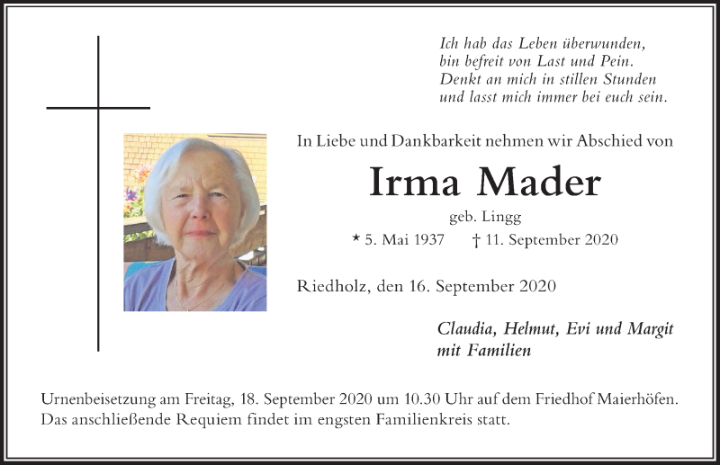 Traueranzeige von Irma Mader von Der Westallgäuer