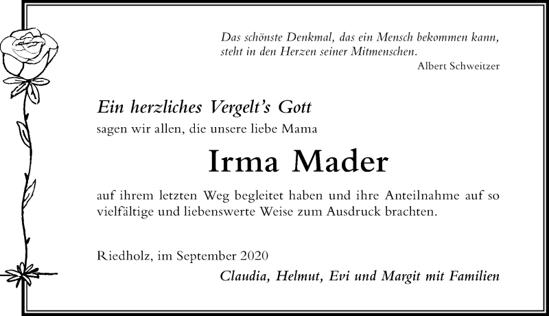 Traueranzeige von Irma Mader von Der Westallgäuer