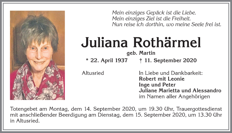 Traueranzeige von Juliana Rothärmel von Allgäuer Zeitung,Kempten