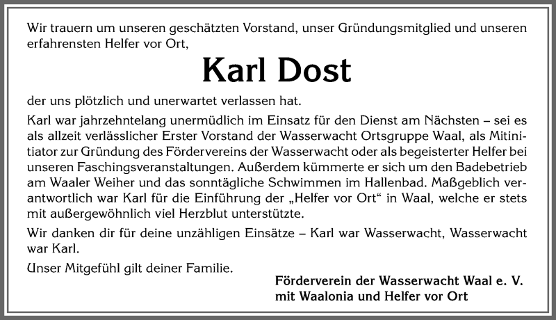 Traueranzeige von Karl Dost von Allgäuer Zeitung, Kaufbeuren/Buchloe