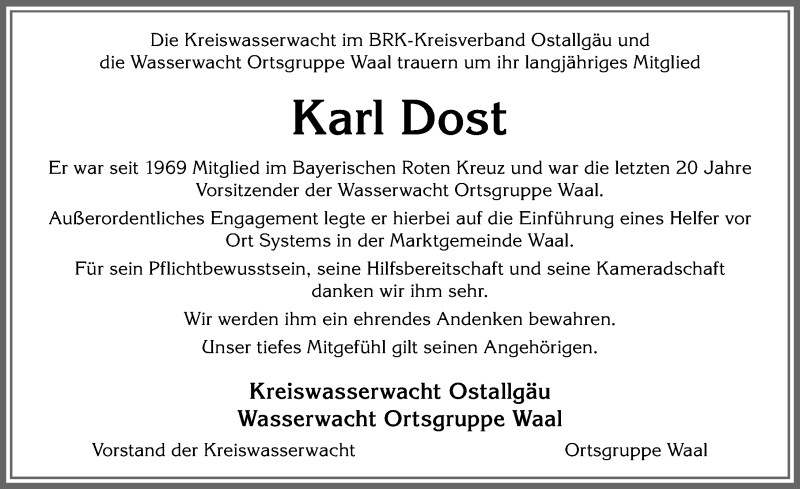 Traueranzeige von Karl Dost von Allgäuer Zeitung