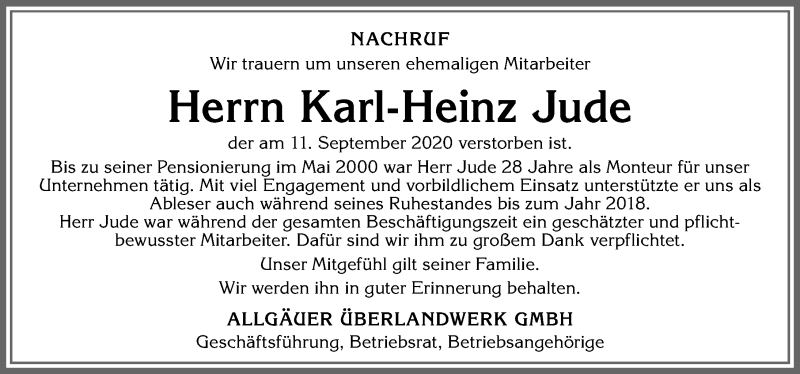 Traueranzeige von Karl-Heinz Jude von Allgäuer Anzeigeblatt