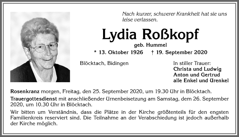 Traueranzeige von Lydia Roßkopf von Allgäuer Zeitung