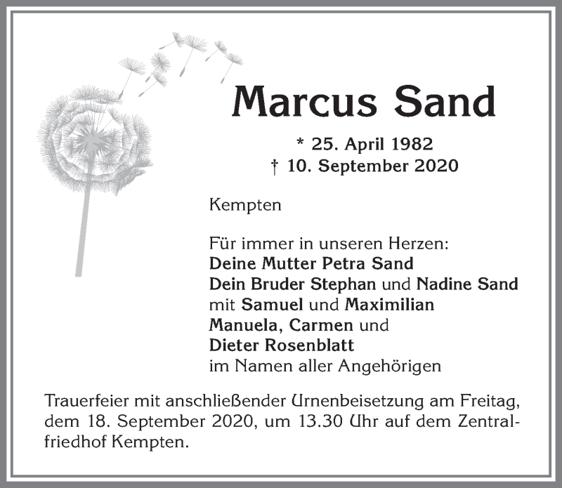 Traueranzeige von Marcus Sand von Allgäuer Zeitung,Kempten