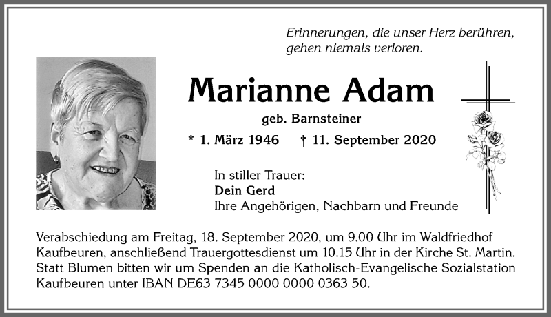 Traueranzeige von Marianne Adam von Allgäuer Zeitung, Kaufbeuren/Buchloe