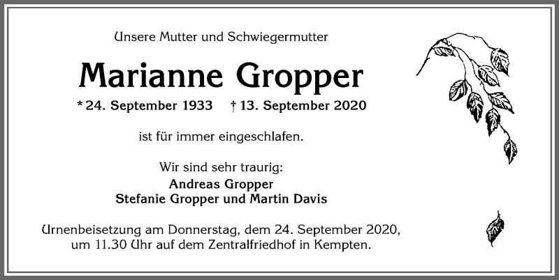 Traueranzeige von Marianne Gropper von Allgäuer Zeitung,Kempten
