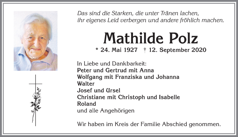 Traueranzeige von Mathilde Polz von Allgäuer Zeitung, Kaufbeuren/Buchloe