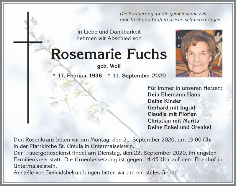 Traueranzeige von Rosemarie Fuchs von Allgäuer Anzeigeblatt