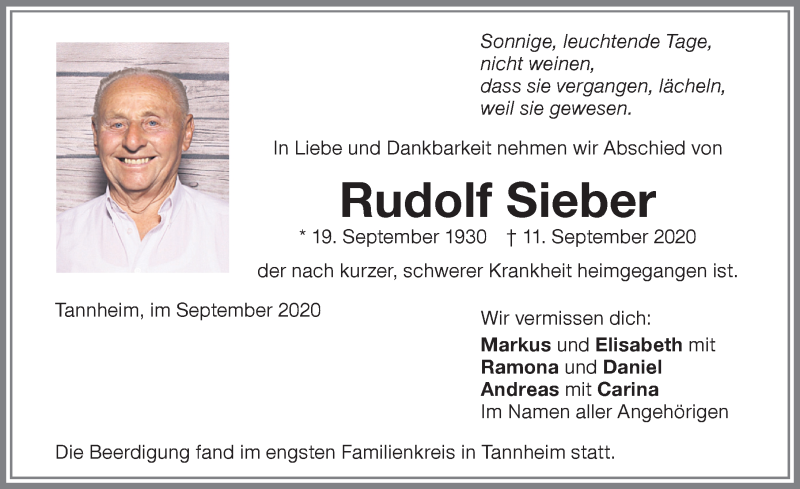 Traueranzeige von Rudolf Sieber von Memminger Zeitung