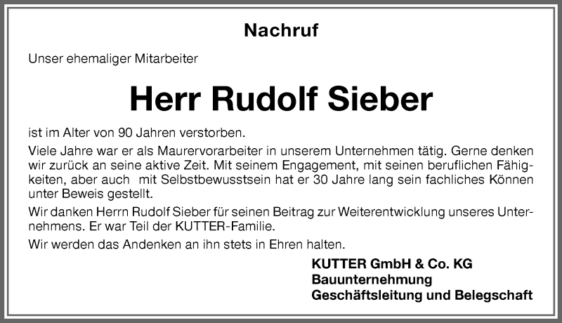 Traueranzeige von Rudolf Sieber von Memminger Zeitung