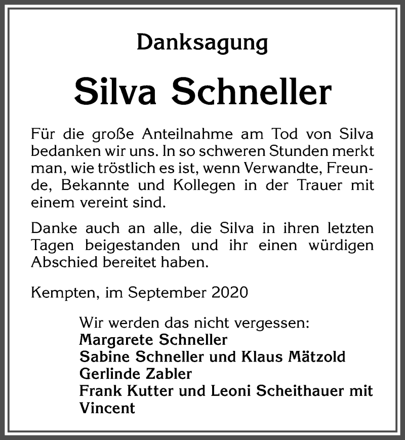 Traueranzeige von Silva Schneller von Allgäuer Zeitung,Kempten