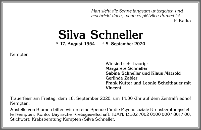 Traueranzeige von Silva Schneller von Allgäuer Zeitung,Kempten