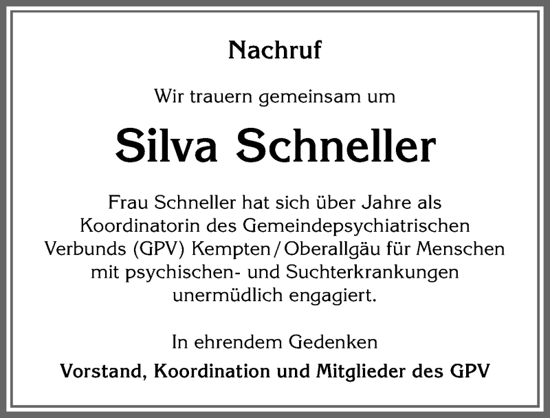 Traueranzeige von Silva Schneller von Allgäuer Zeitung,Kempten