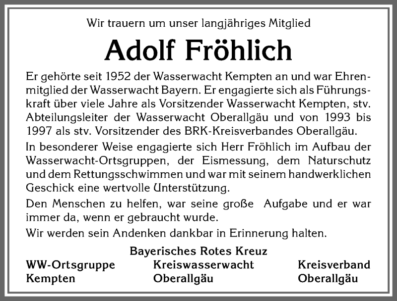 Traueranzeige von Adolf Fröhlich von Allgäuer Zeitung,Kempten