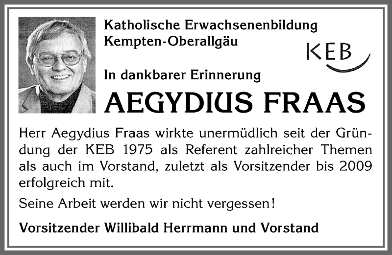 Traueranzeige von Aegydius Fraas von Allgäuer Zeitung,Kempten