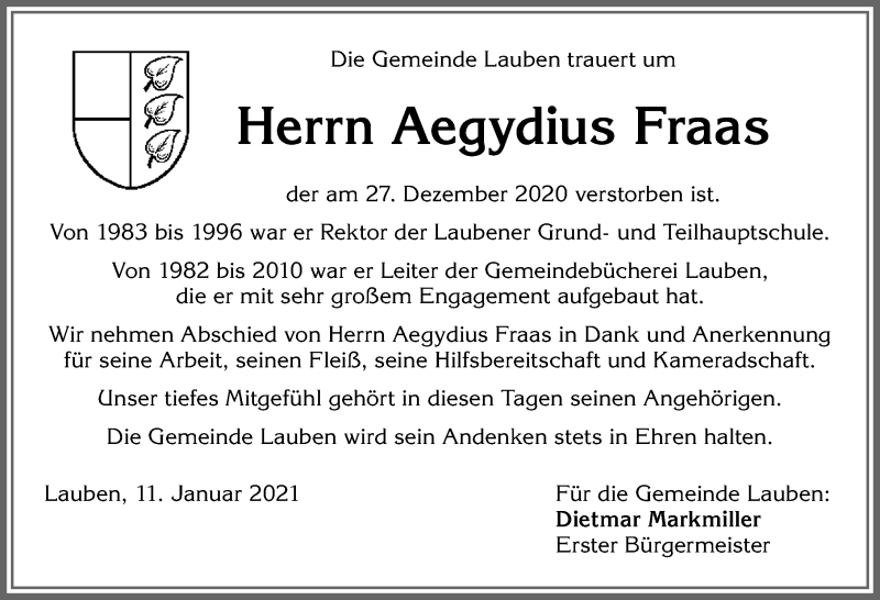 Traueranzeige von Aegydius Fraas von Allgäuer Zeitung,Kempten