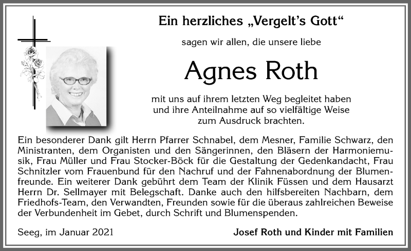 Traueranzeige von Agnes Roth von Allgäuer Zeitung