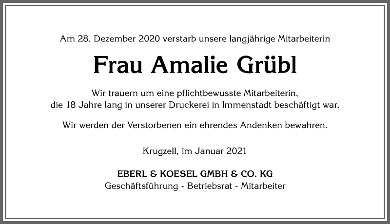 Traueranzeige von Amalie Grübl von Allgäuer Anzeigeblatt