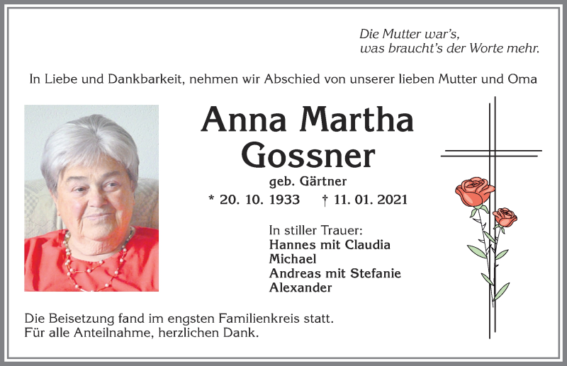 Traueranzeige von Anna Martha Gossner von Allgäuer Zeitung, Kaufbeuren/Buchloe
