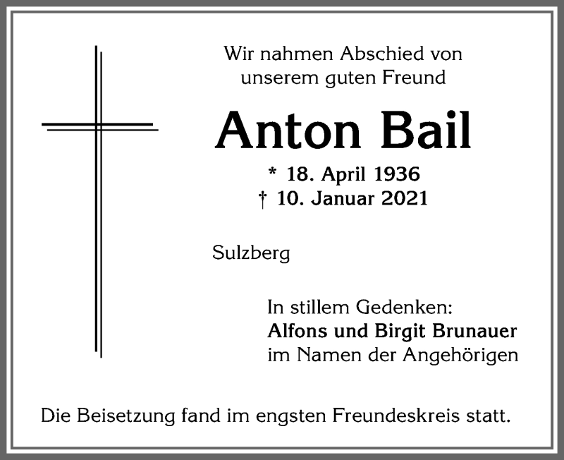 Traueranzeige von Anton Bail von Allgäuer Zeitung,Kempten