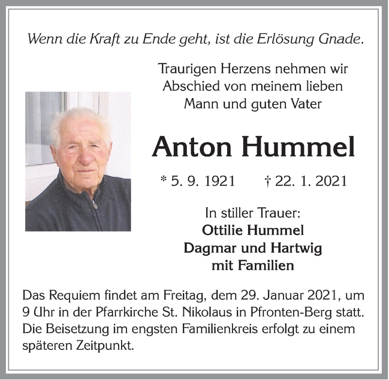 Traueranzeige von Anton Hummel von Allgäuer Zeitung, Füssen