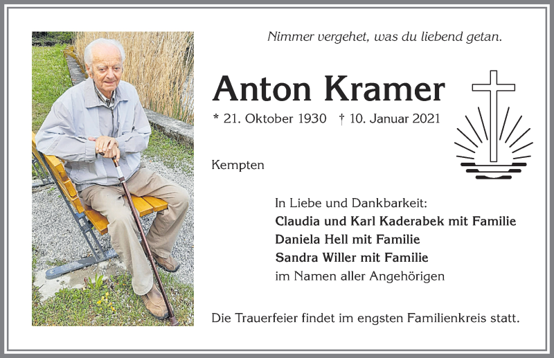 Traueranzeige von Anton Kramer von Allgäuer Zeitung,Kempten