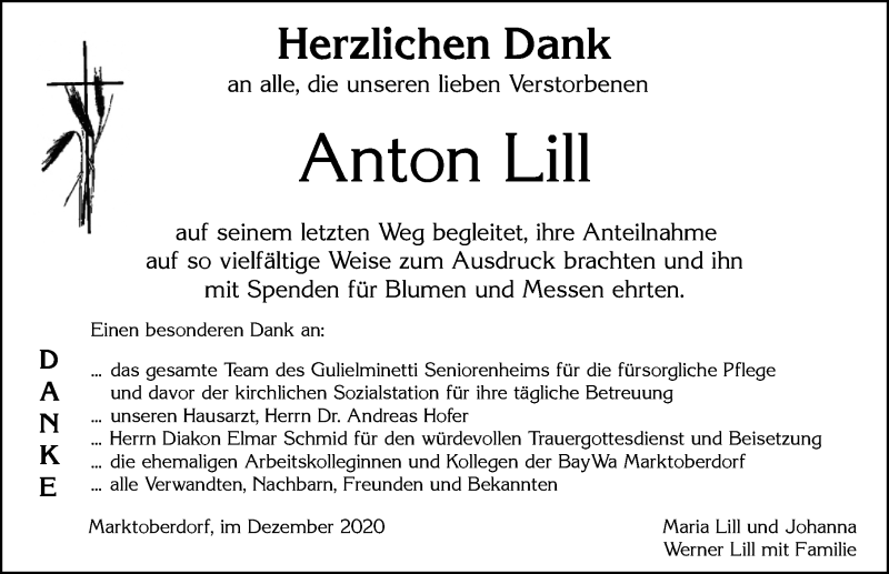 Traueranzeige von Anton Lill von Allgäuer Zeitung, Marktoberdorf