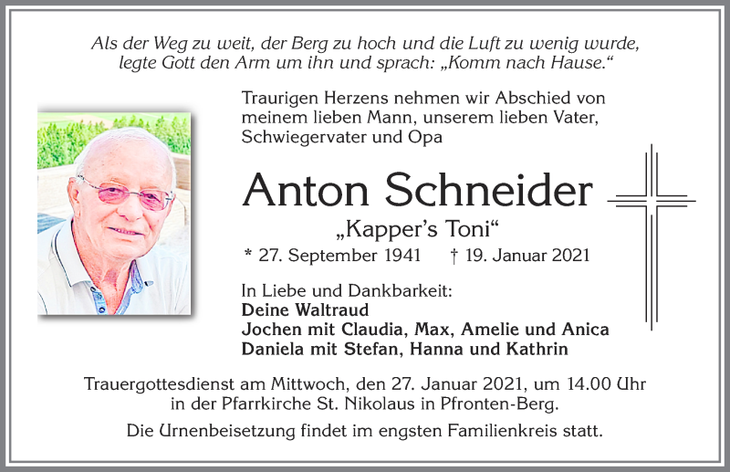 Traueranzeige von Anton Schneider von Allgäuer Zeitung, Füssen