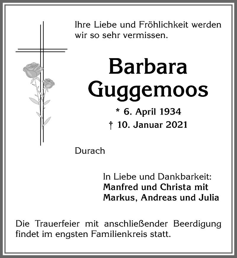 Traueranzeige von Barbara Guggenmoos von Allgäuer Zeitung,Kempten