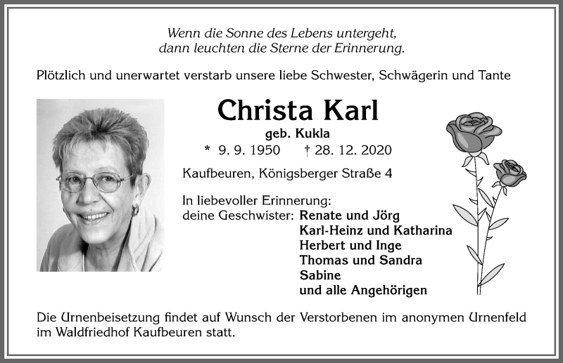 Traueranzeige von Christa Karl von Allgäuer Zeitung, Kaufbeuren/Buchloe