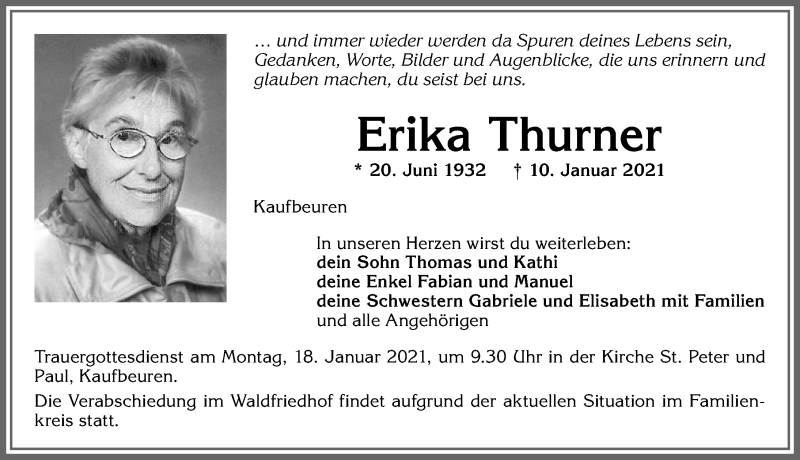 Traueranzeige von Erika Thurner von Allgäuer Zeitung, Kaufbeuren/Buchloe