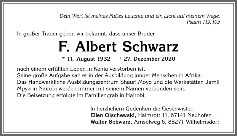 Traueranzeige von F. Albert Schwarz von Memminger Zeitung